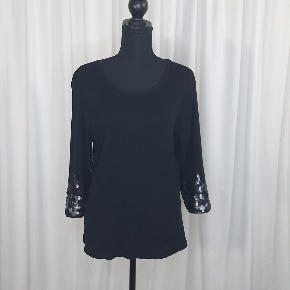 Coldwater Creek Black Knit Sweater 1X Sequin Cuff 3/4 Sleeve Y2K Plus Size